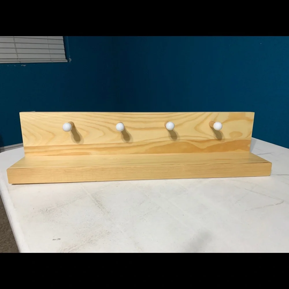 Pine Wall Shelf with 4 Coat Pegs